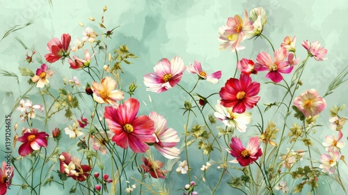 Wallpaper Mural Beautiful seamless floral water color pattern Set, watercolor wild flowers, leaves and grass,Collection botanic garden elements.  Torontodigital.ca