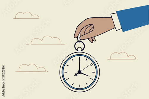 Control time, freedom or efficient time management to finish project within deadline, productivity or efficiency, productive project manager concept, businessman hand control time with clock puppet.