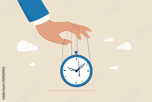Control time, freedom or efficient time management to finish project within deadline, productivity or efficiency, productive project manager concept, businessman hand control time with clock puppet.