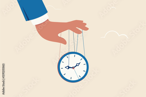 Control time, freedom or efficient time management to finish project within deadline, productivity or efficiency, productive project manager concept, businessman hand control time with clock puppet.