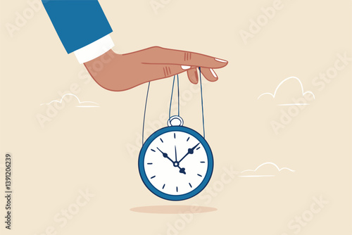 Control time, freedom or efficient time management to finish project within deadline, productivity or efficiency, productive project manager concept, businessman hand control time with clock puppet.