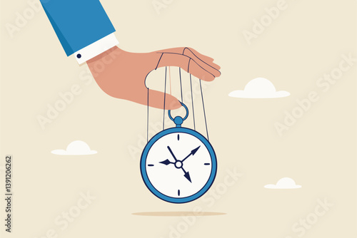 Control time, freedom or efficient time management to finish project within deadline, productivity or efficiency, productive project manager concept, businessman hand control time with clock puppet.