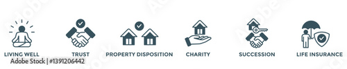 estate planning web banner concept with group of icons for business and media in mix style