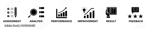 evaluation web banner concept with group of icons for business and media in mix style
