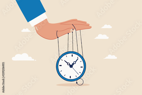 Control time, freedom or efficient time management to finish project within deadline, productivity or efficiency, productive project manager concept, businessman hand control time with clock puppet.