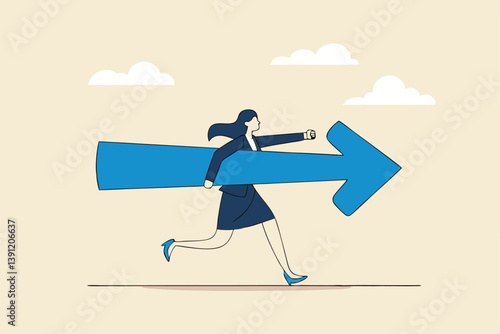Move forward for success future, business direction, determination or courage, career path or way to success, opportunity or mission concept, confidence businesswoman running with arrow direction.