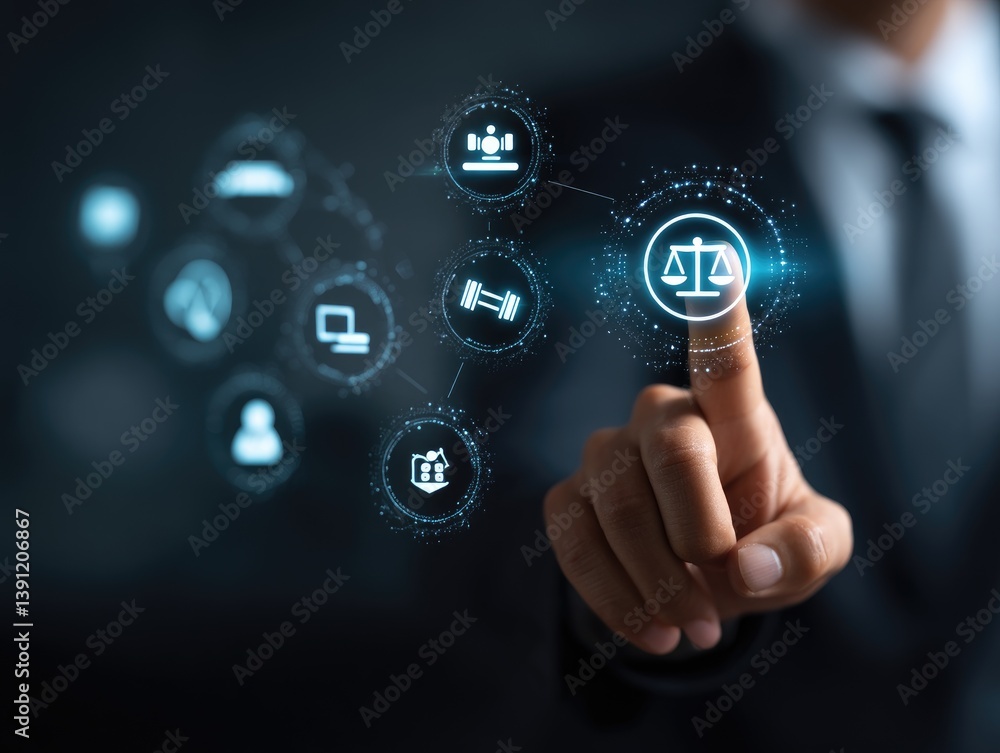 Digital legal system interface. Interactive, interconnected icons representing diverse legal and business elements, touched by a finger Digital legal system interface. Interactive, interconnected icons representing diverse legal and business elements, touched by a finger