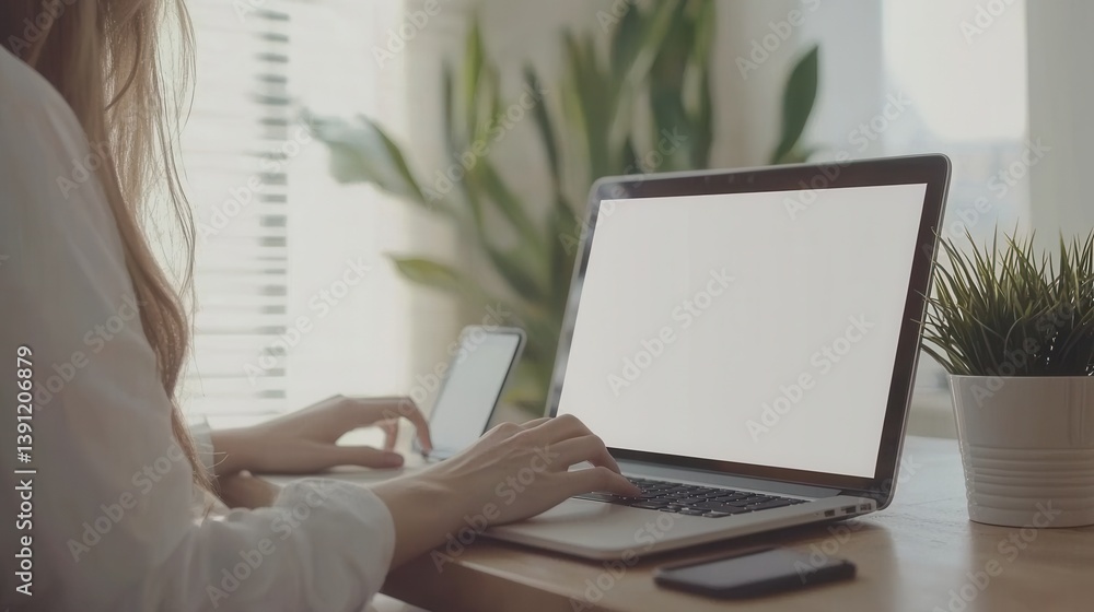 Fototapeta premium Woman Working on Laptop with Blank Screen at Home Office