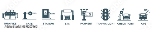 toll road web banner concept with group of icons for business and media in mix style