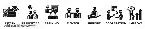 trainee web banner concept with group of icons for business and media in mix style
