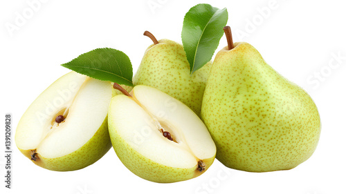 pears with green leaves on transparent background