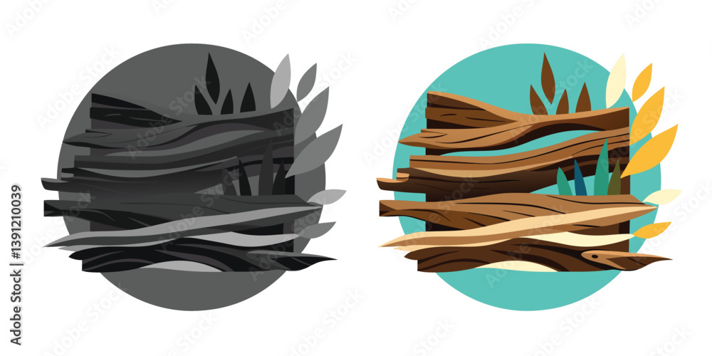 Naklejka premium Driftwood Sculpture on a branch silhouette, a natural vector illustration black & white with coloring of spring leaves on an old tree