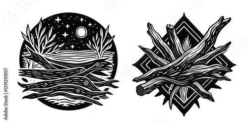 Driftwood Sculpture on a branch silhouette, a natural vector illustration black & white with coloring of spring leaves on an old tree
