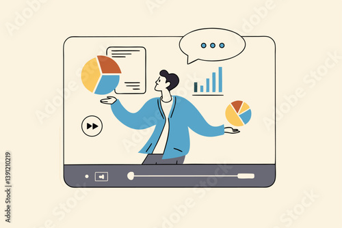 Explainer video online tutorial or training course, expertise explaining business strategy online, movie or education video clip, businessman expert explain business pie chart in video interface.