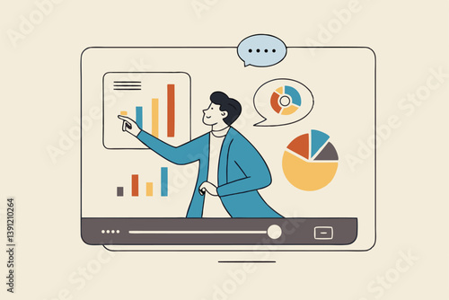 Explainer video online tutorial or training course, expertise explaining business strategy online, movie or education video clip, businessman expert explain business pie chart in video interface.