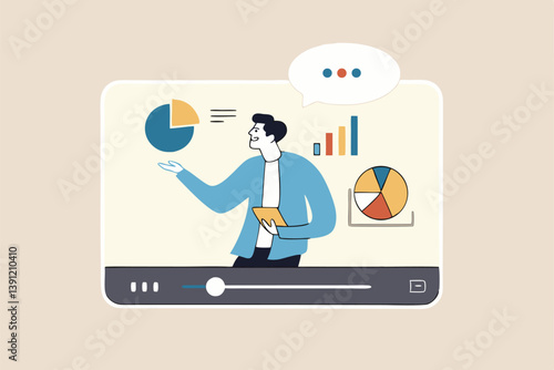 Explainer video online tutorial or training course, expertise explaining business strategy online, movie or education video clip, businessman expert explain business pie chart in video interface.