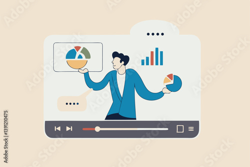 Explainer video online tutorial or training course, expertise explaining business strategy online, movie or education video clip, businessman expert explain business pie chart in video interface.