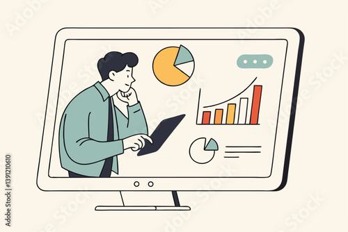 Explainer video online tutorial or training course, expertise explaining business strategy online, movie or education video clip, businessman expert explain business pie chart in video interface.