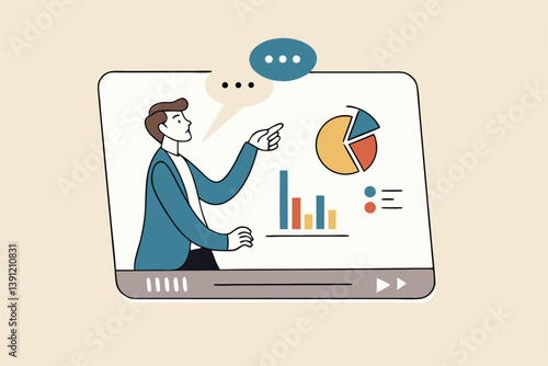 Explainer video online tutorial or training course, expertise explaining business strategy online, movie or education video clip, businessman expert explain business pie chart in video interface.