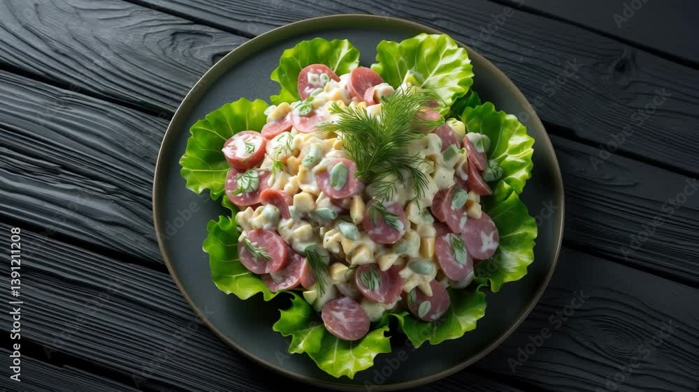 Salad of vegetables dressed with mayonnaise. Positioned on a wooden surface. Space allocated for text. Bird's eye view.