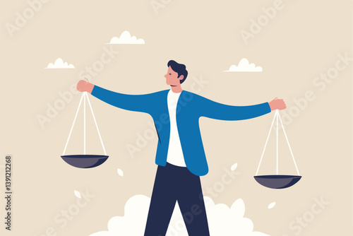 Comparison advantage and disadvantage, integrity or honest truth, pros and cons or measurement, judge or ethical, decision or balance concept, businessman comparing scale to be equal, fair measuring.