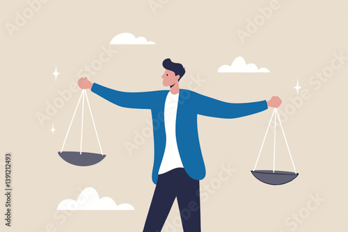 Comparison advantage and disadvantage, integrity or honest truth, pros and cons or measurement, judge or ethical, decision or balance concept, businessman comparing scale to be equal, fair measuring.