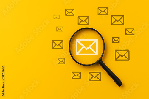 Magnifying glass focusing on envelope email icon over yellow background, digital communication search concept, message tracking and inbox analysis symbol, targeted email discovery illustration, online