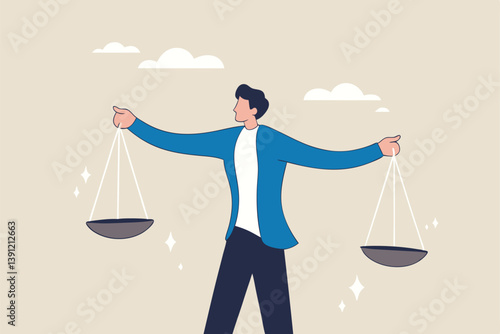 Comparison advantage and disadvantage, integrity or honest truth, pros and cons or measurement, judge or ethical, decision or balance concept, businessman comparing scale to be equal, fair measuring.