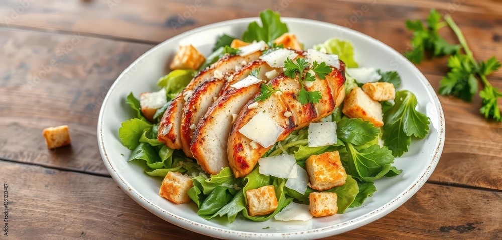 Smoked chicken Caesar salad, crispy croutons, shaved parmesan, parsley, wooden table, gourmet, plate, meal Smoked chicken Caesar salad, crispy croutons, shaved parmesan, parsley, wooden table, gourmet, plate, meal