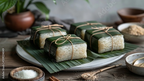Cambodian num ansom sticky rice cake wrapped banana leaves unwrapped and sliced on white dish