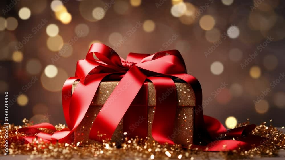 Wrapped Gift: A beautifully wrapped gift box adorned with a vibrant red ribbon, resting amidst a backdrop of golden bokeh lights, radiates the joy and excitement of a special occasion. 