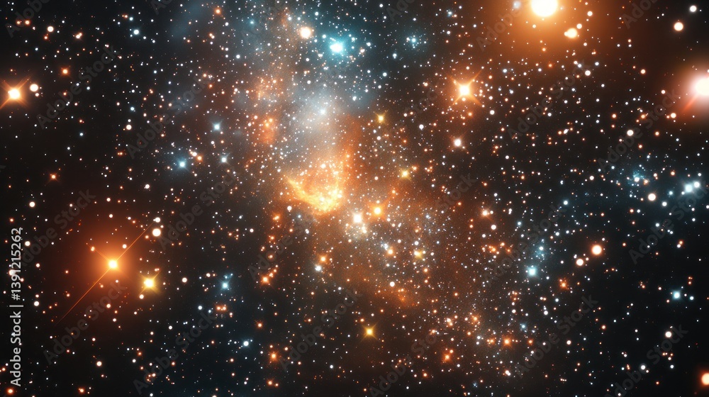 Vibrant nebula with orange and blue hues, scattered stars, cosmic dust, and bright stellar formations in deep space. Vibrant nebula with orange and blue hues, scattered stars, cosmic dust, and bright stellar formations in deep space.
