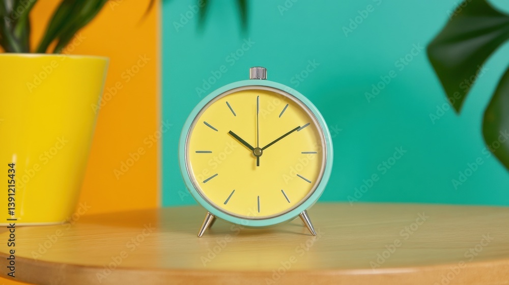 A stylish vintage clock with a yellow face sits on a wooden table, complemented by vibrant colored walls and indoor plants