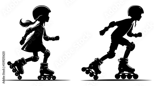 Girl and Boy Rollerblading Silhouette.