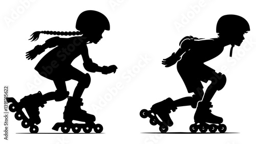 Girl and Boy Rollerblading Silhouette.