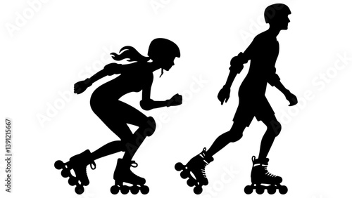 Man and Woman Rollerblading Silhouette.