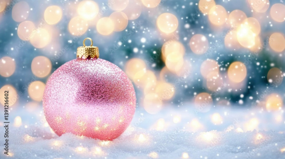 Fototapeta premium A pink ornament covered in glitter sits on a blanket of snow, surrounded by soft glowing lights, creating a festive atmosphere