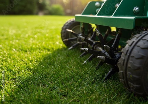Lawn aerator machine, close-up view, sharp metal spikes, lush green grass, sunlit lawn, Garden roller aerator perforating grass turf for improved drainage and root growth