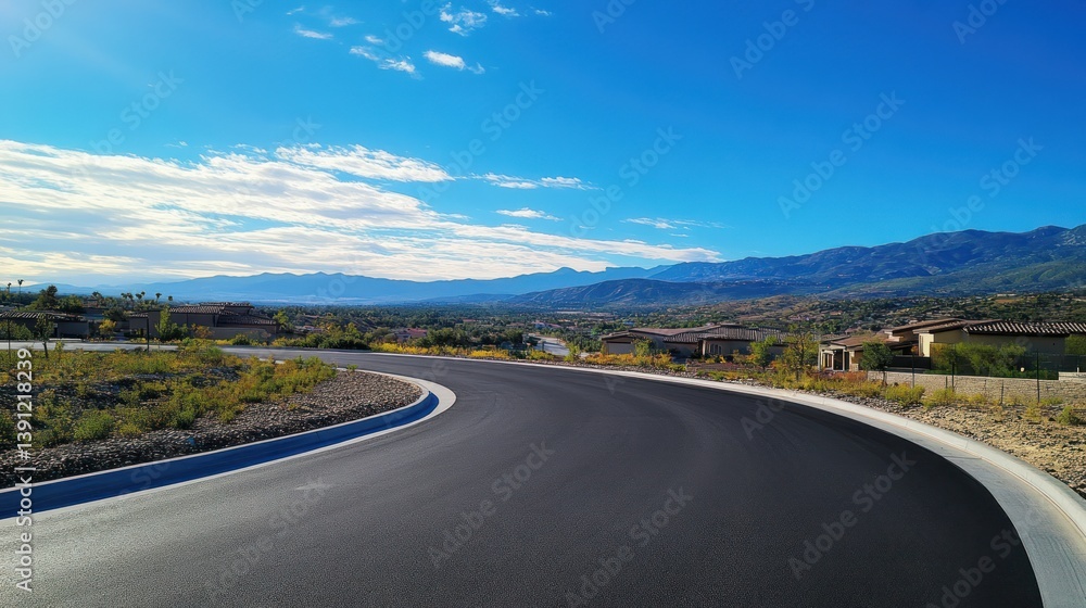 Obraz premium Winding asphalt road curves through a scenic landscape with mountains and houses under a clear blue sky.