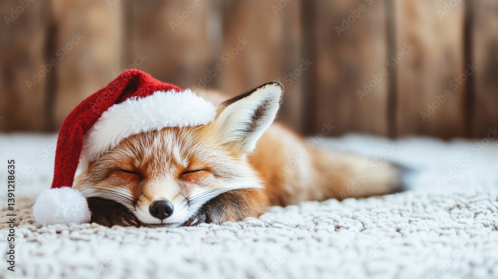 Fototapeta premium A fox in a festive Santa hat peacefully sleeps on a soft blanket, embodying the warmth of the holiday spirit indoors