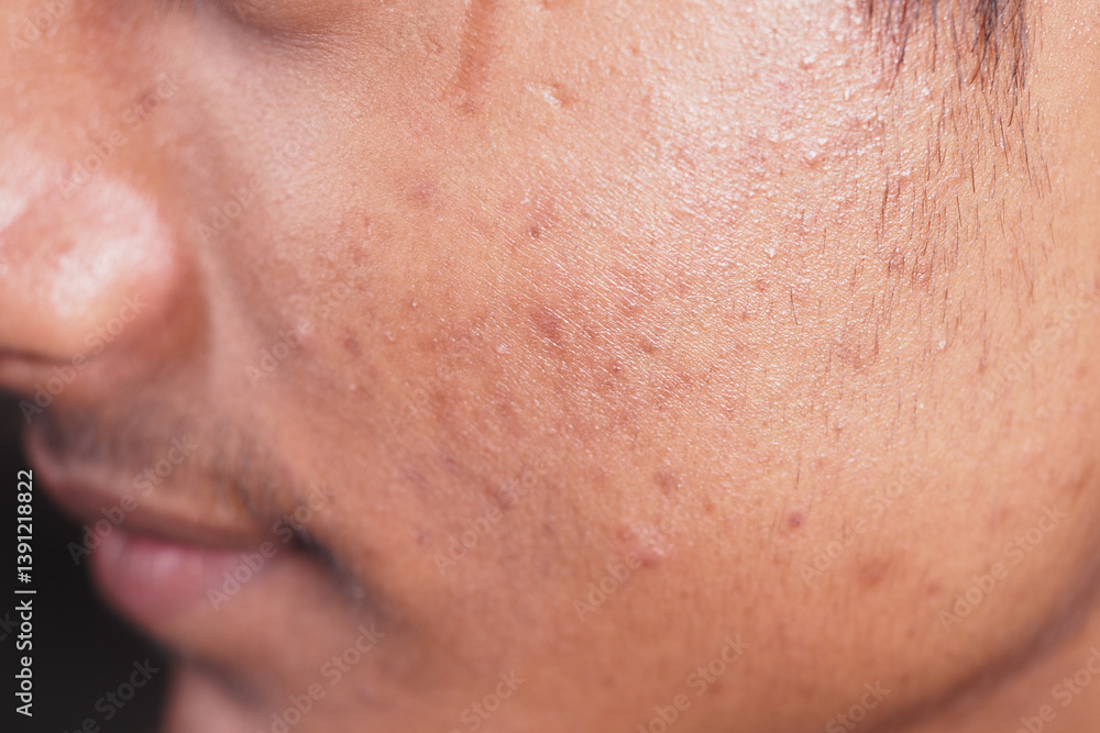 Fototapeta premium Close-up of skin with acne scars in natural light