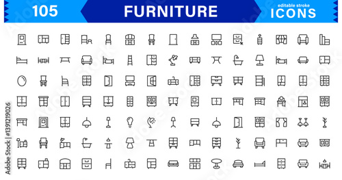 Complete Furniture Icon Set for Modern Design Projects. This Collection Features Chairs, Tables, and Stylish Home Decor Elements.