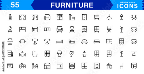 Complete Furniture Icon Set for Modern Design Projects. This Collection Features Chairs, Tables, and Stylish Home Decor Elements.