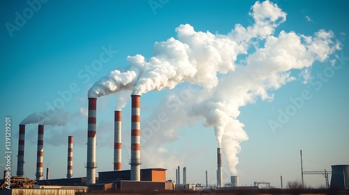 Pollution from industrial factory: High chimneys belch thick clouds of polluting smoke into the air, highlighting the environmental cost of industry.