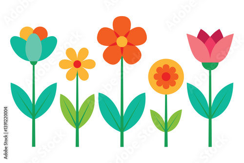 Colorful Stylized Flowers Set - Flat Design Floral Graphics. Minimalist Floral Clipart Design
