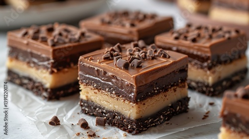 Canadian Nanaimo bars layered no bake dessert cut into squares arranged on white background