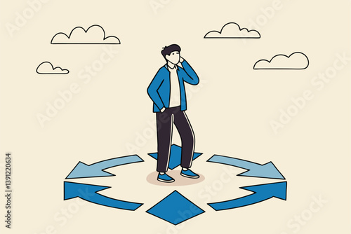 Choose career path, make life decision choice, decide the right or wrong direction, opportunity challenge, confusion or thinking to find the way concept, confused businessman choosing direction.