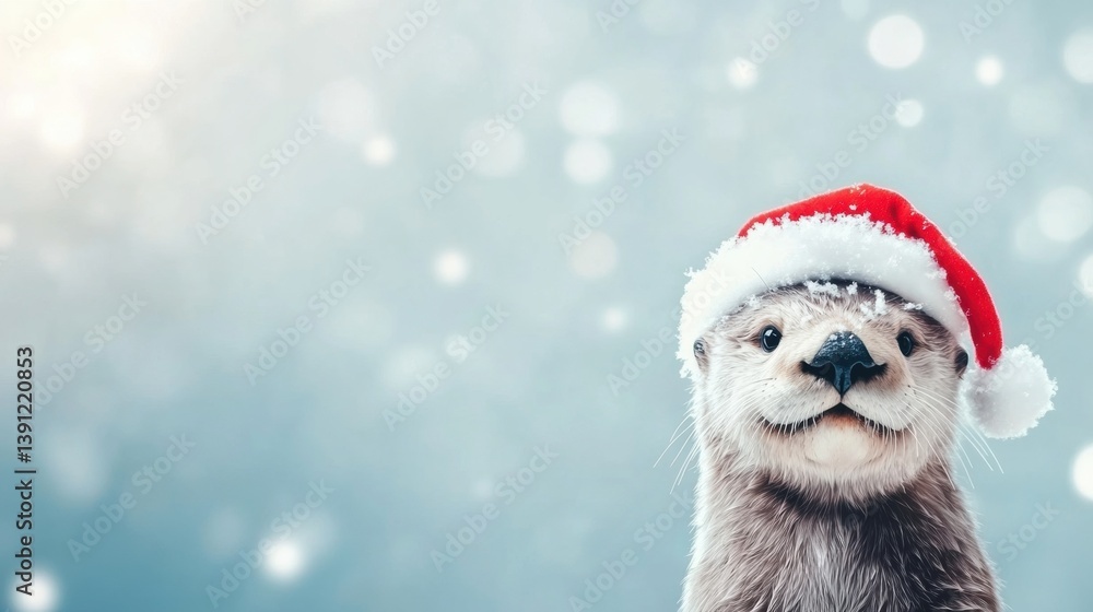 An otter sporting a red Santa hat smiles brightly as snowflakes drift down in a festive winter atmosphere An otter sporting a red Santa hat smiles brightly as snowflakes drift down in a festive winter atmosphere
