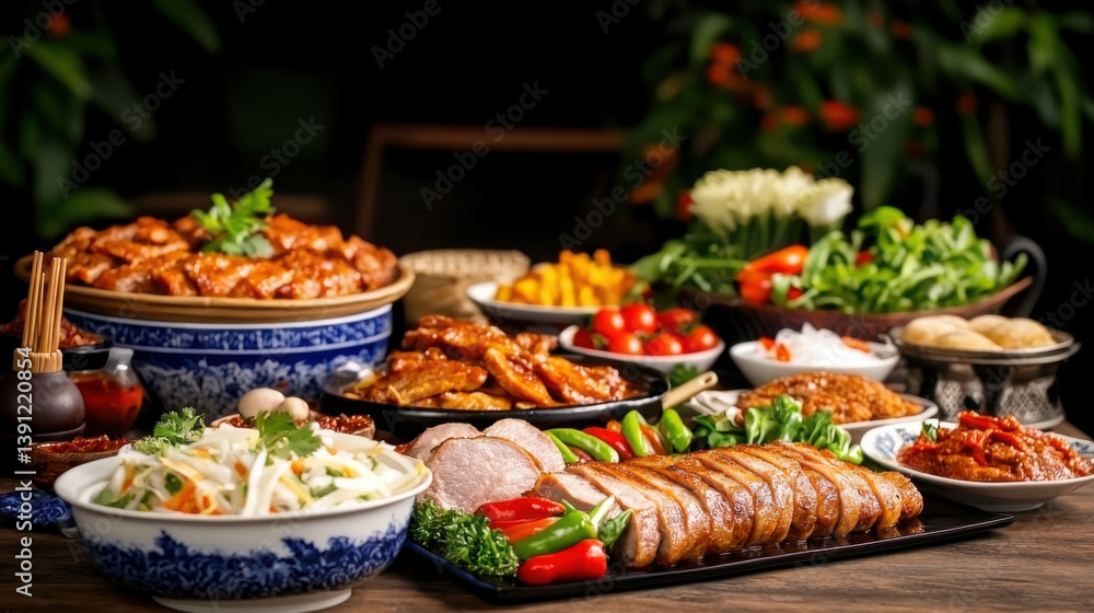 buffet style catering setup featuring variety of Thai dishes, including meats, salads, and fresh vegetables, creates vibrant buffet style catering setup featuring variety of Thai dishes, including meats, salads, and fresh vegetables, creates vibrant