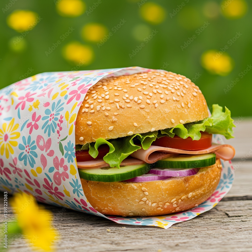 Reusable beeswax food wraps are keeping a sandwich fresh outdoors on a wooden table, outdoor picnic setting, Colorful sandwich wrap, fresh vegetables,